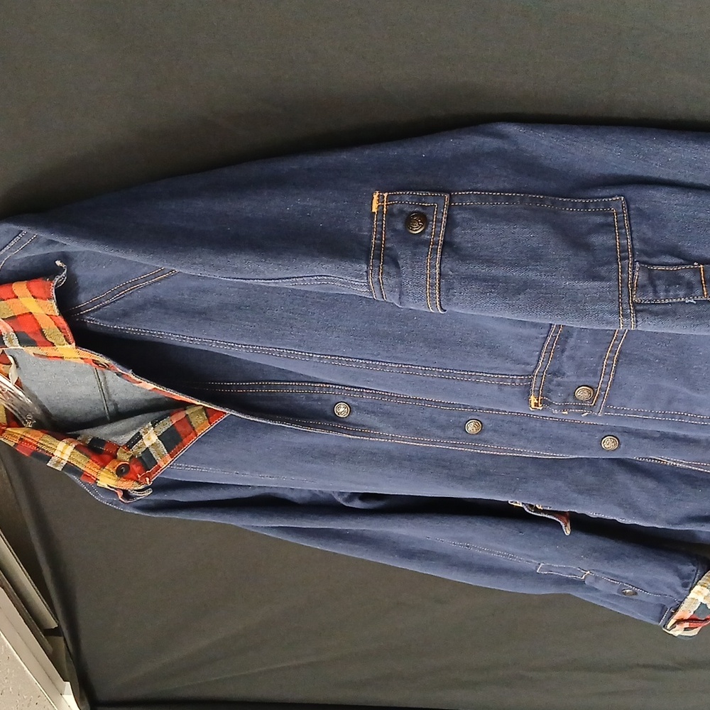 Womans Blue Denim Chore Jacket with Plaid Accents Sz Large - Picture 4 of 7